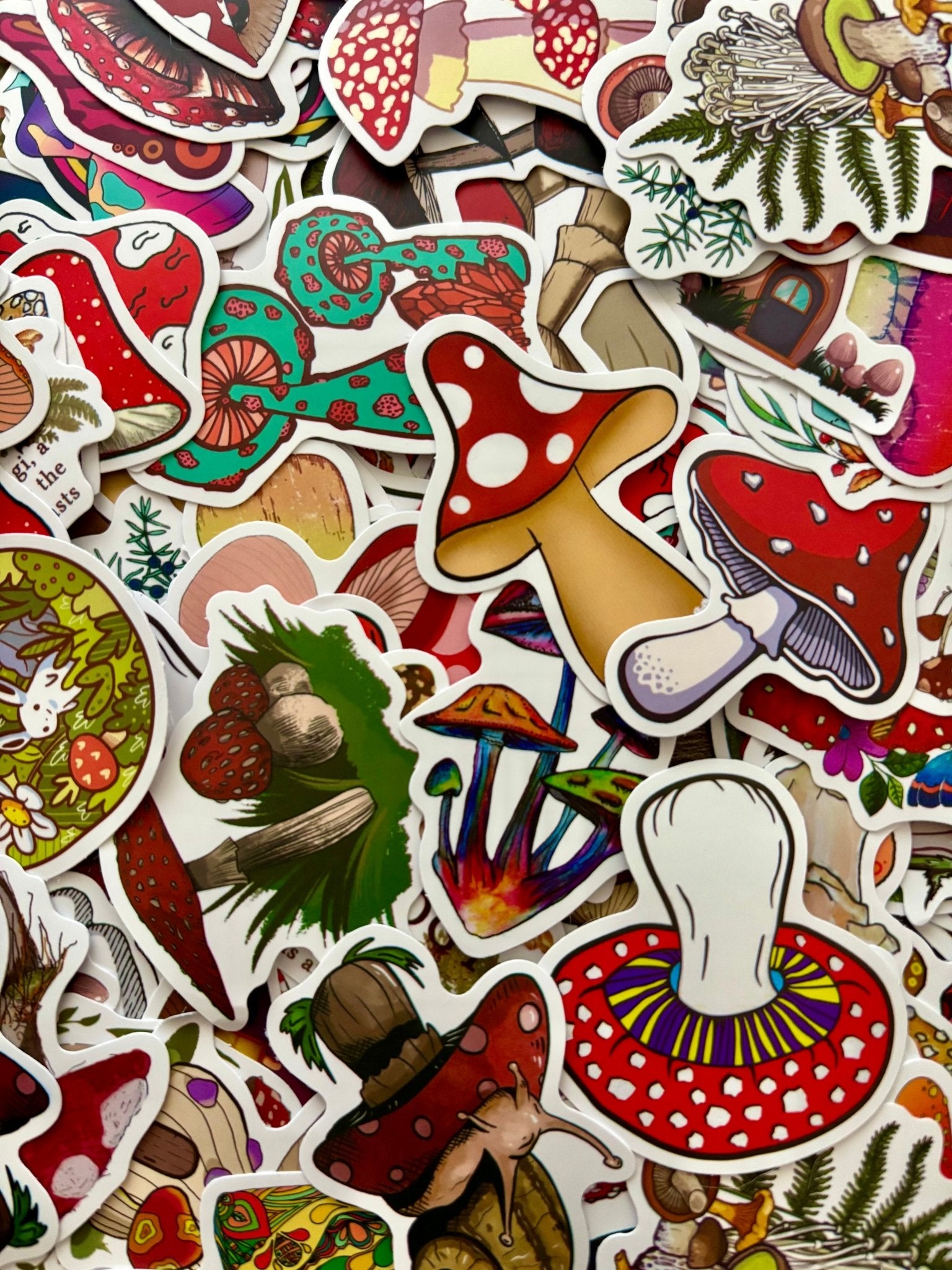 Colorful mushroom stickers with woodland aesthetic and cottagecore vibes.