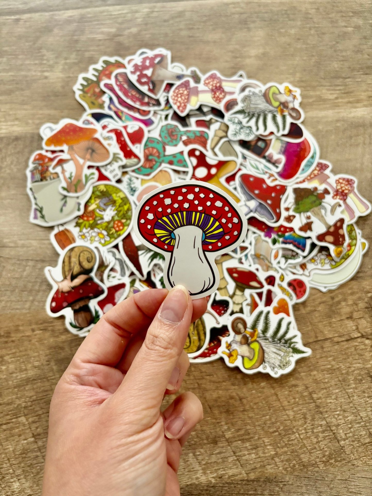 Colorful mushroom stickers with woodland aesthetic and cottagecore vibes.