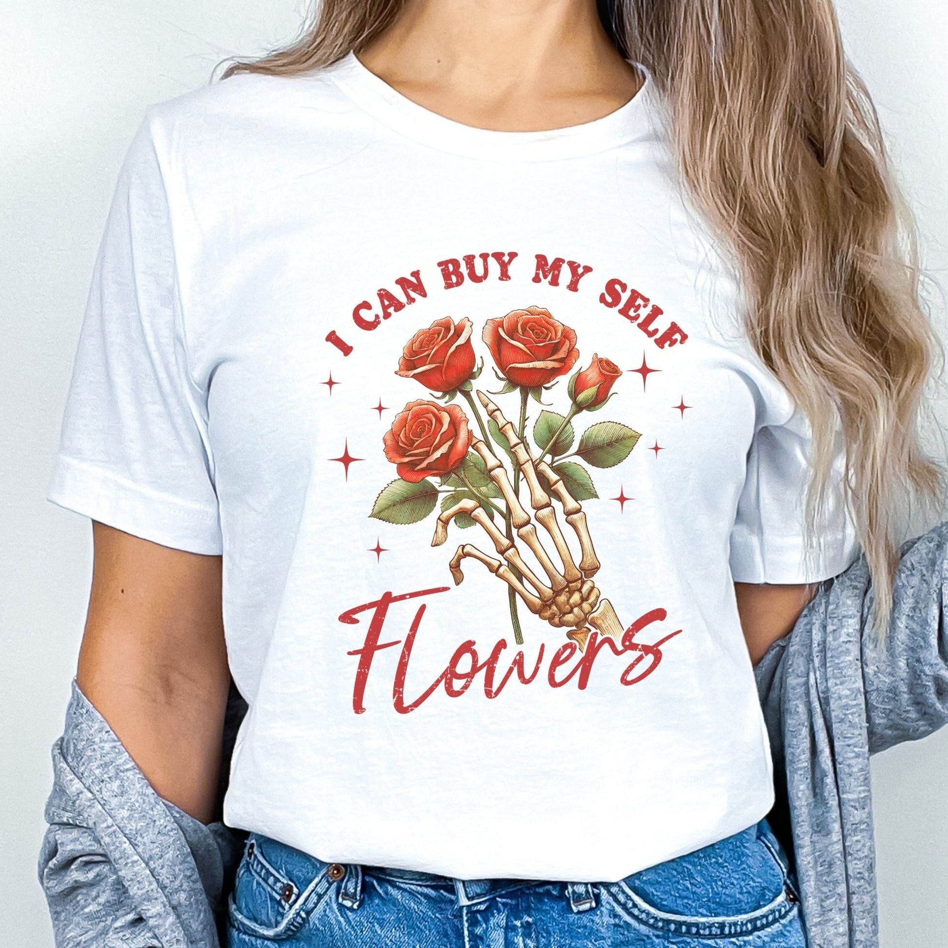 Skeleton rose t-shirt with empowering floral design, available in 4 colors, perfect for self-love and bold fashion.