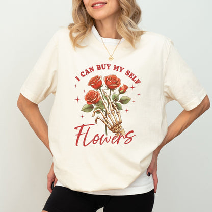 Skeleton rose t-shirt with empowering floral design, available in 4 colors, perfect for self-love and bold fashion.