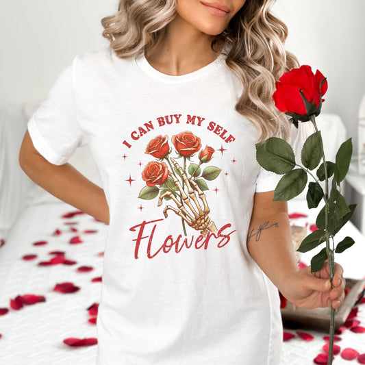 Skeleton rose t-shirt with empowering floral design, available in 4 colors, perfect for self-love and bold fashion.