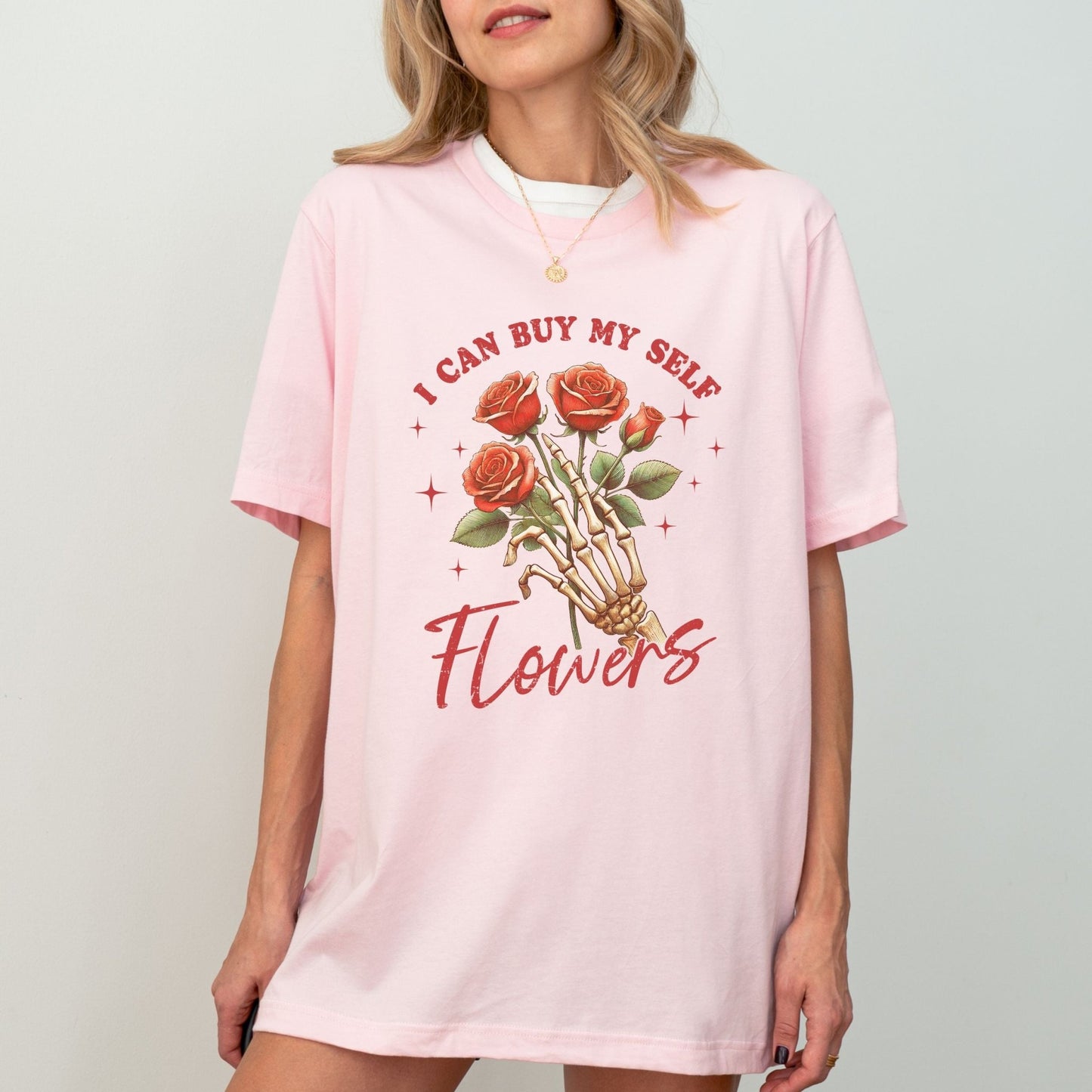 Skeleton rose t-shirt with empowering floral design, available in 4 colors, perfect for self-love and bold fashion.