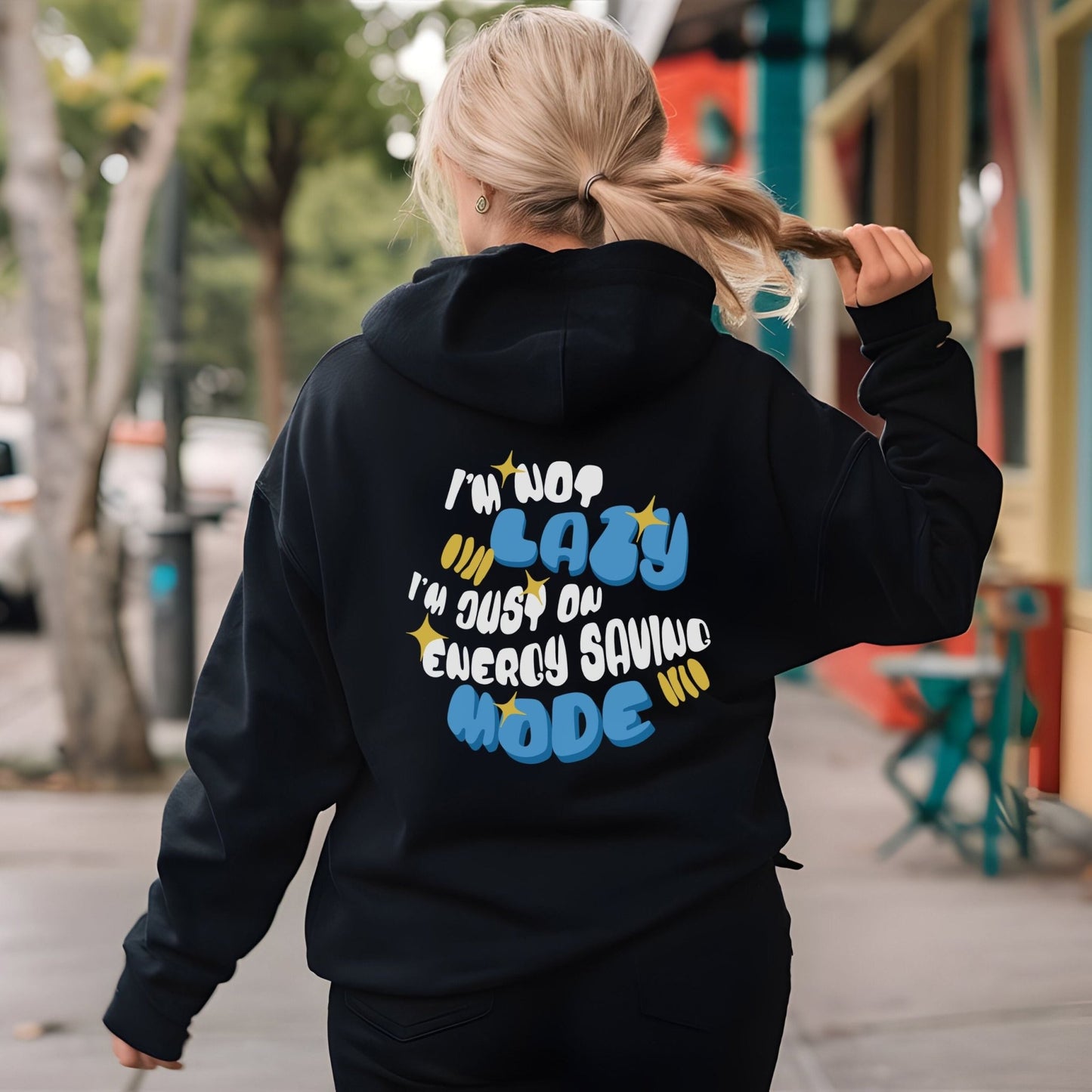 Funny "I'm Not Lazy" hoodie in 4 colors, 50% cotton and 50% polyester, featuring a playful energy-saving mode design.