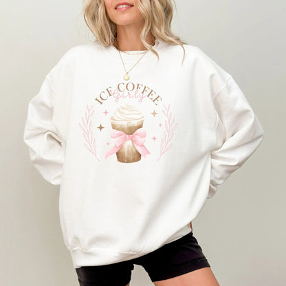 "Ice Coffee Girly" sweatshirt, perfect for ice coffee lovers, available in 2 colors.