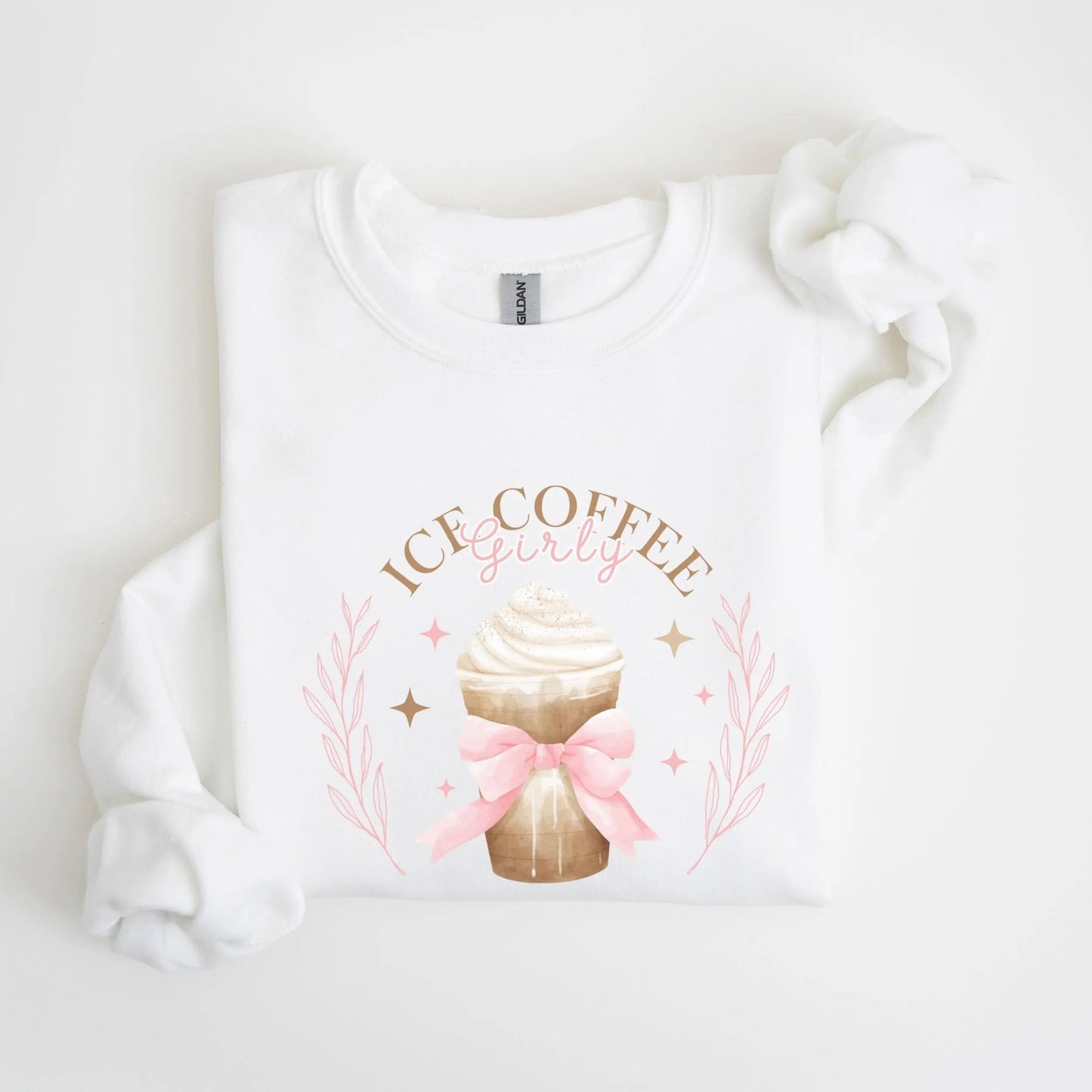 "Ice Coffee Girly" sweatshirt, perfect for ice coffee lovers, available in 2 colors.