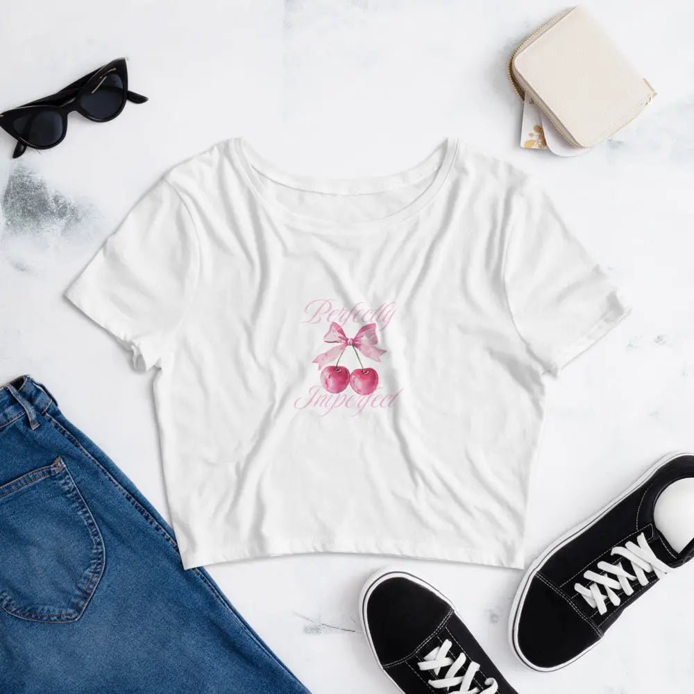 Perfectly Imperfect baby tee in coquette style, available in black and white.