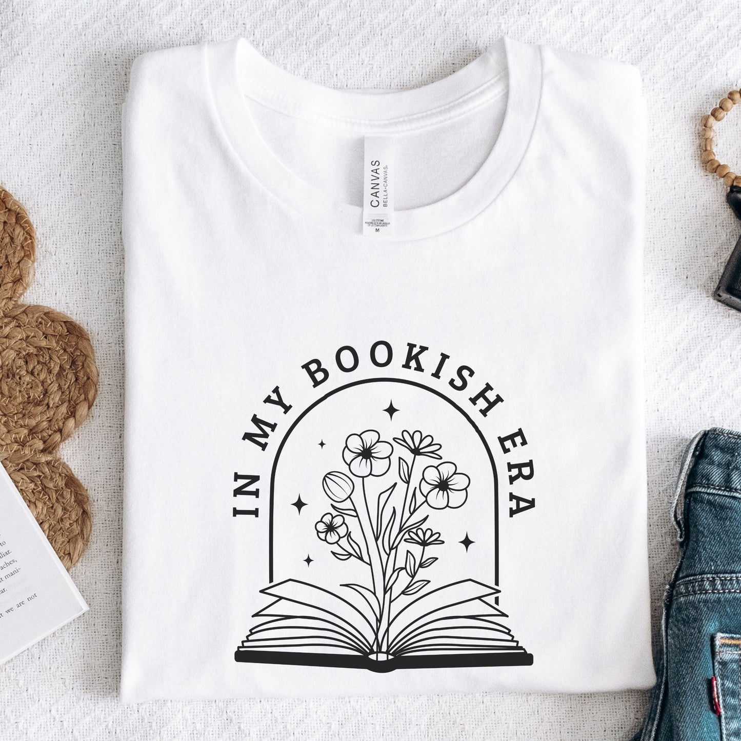 Minimalist “In My Bookish Era” t-shirt in modern serif font, perfect for cozy readers and everyday book lovers.