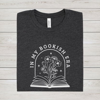 Minimalist “In My Bookish Era” t-shirt in modern serif font, perfect for cozy readers and everyday book lovers.