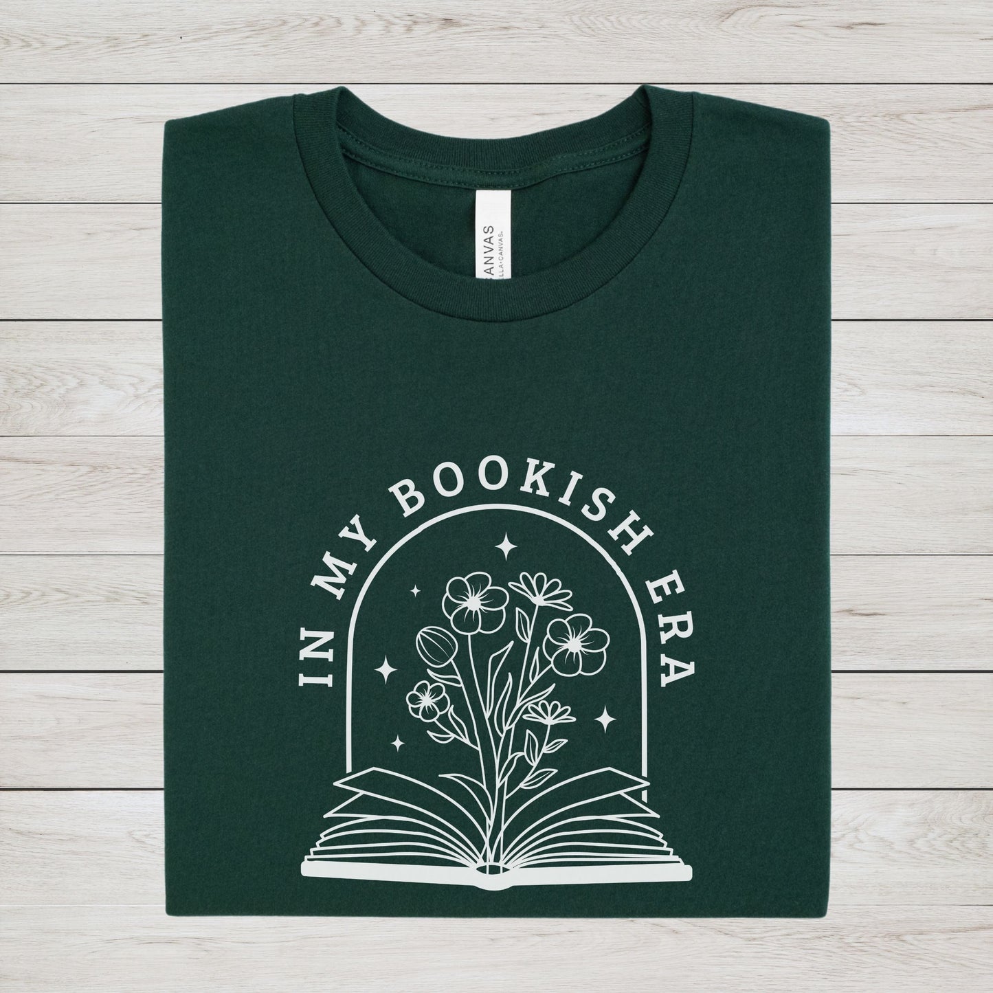 Minimalist “In My Bookish Era” t-shirt in modern serif font, perfect for cozy readers and everyday book lovers.