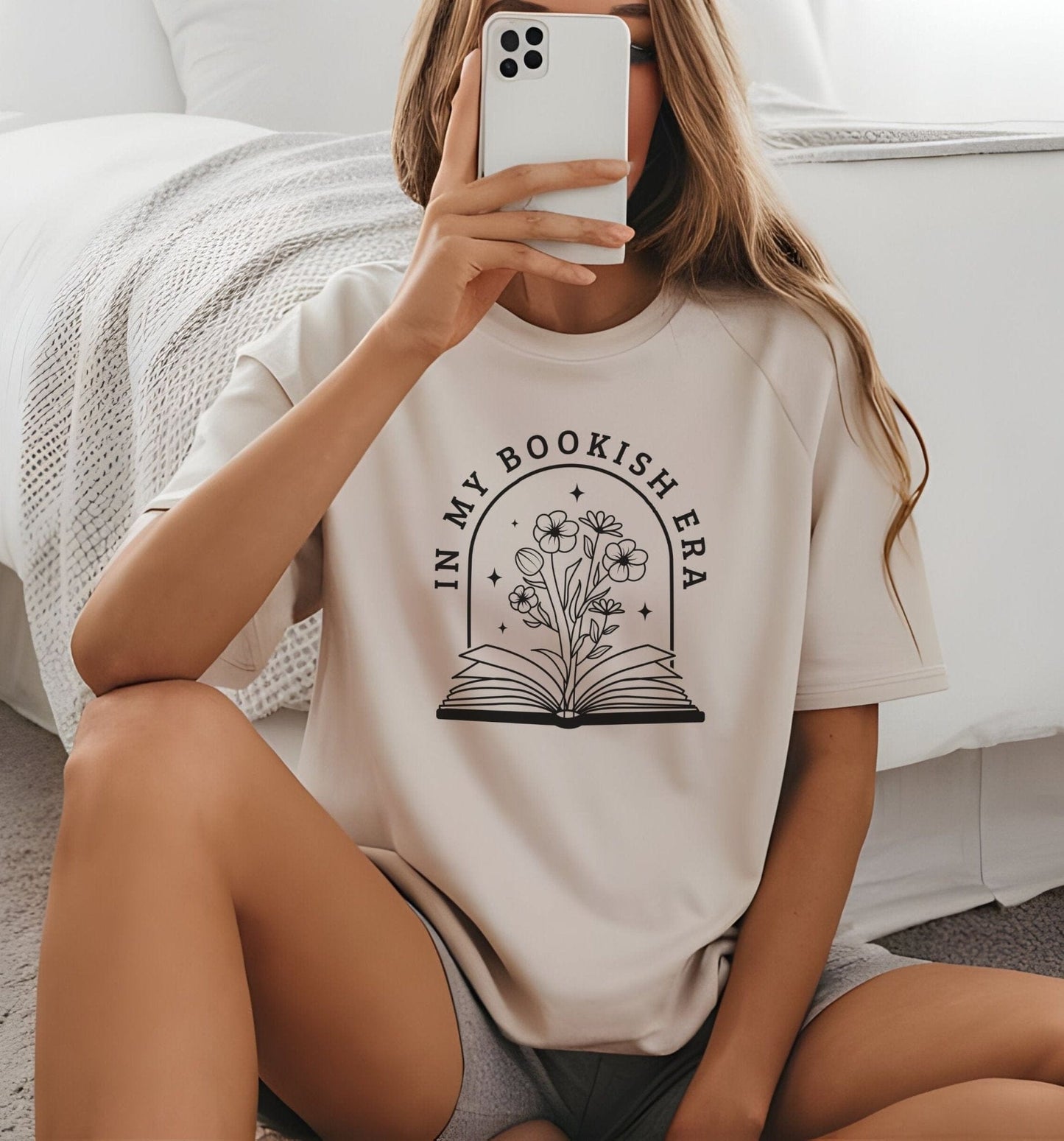Minimalist “In My Bookish Era” t-shirt in modern serif font, perfect for cozy readers and everyday book lovers.