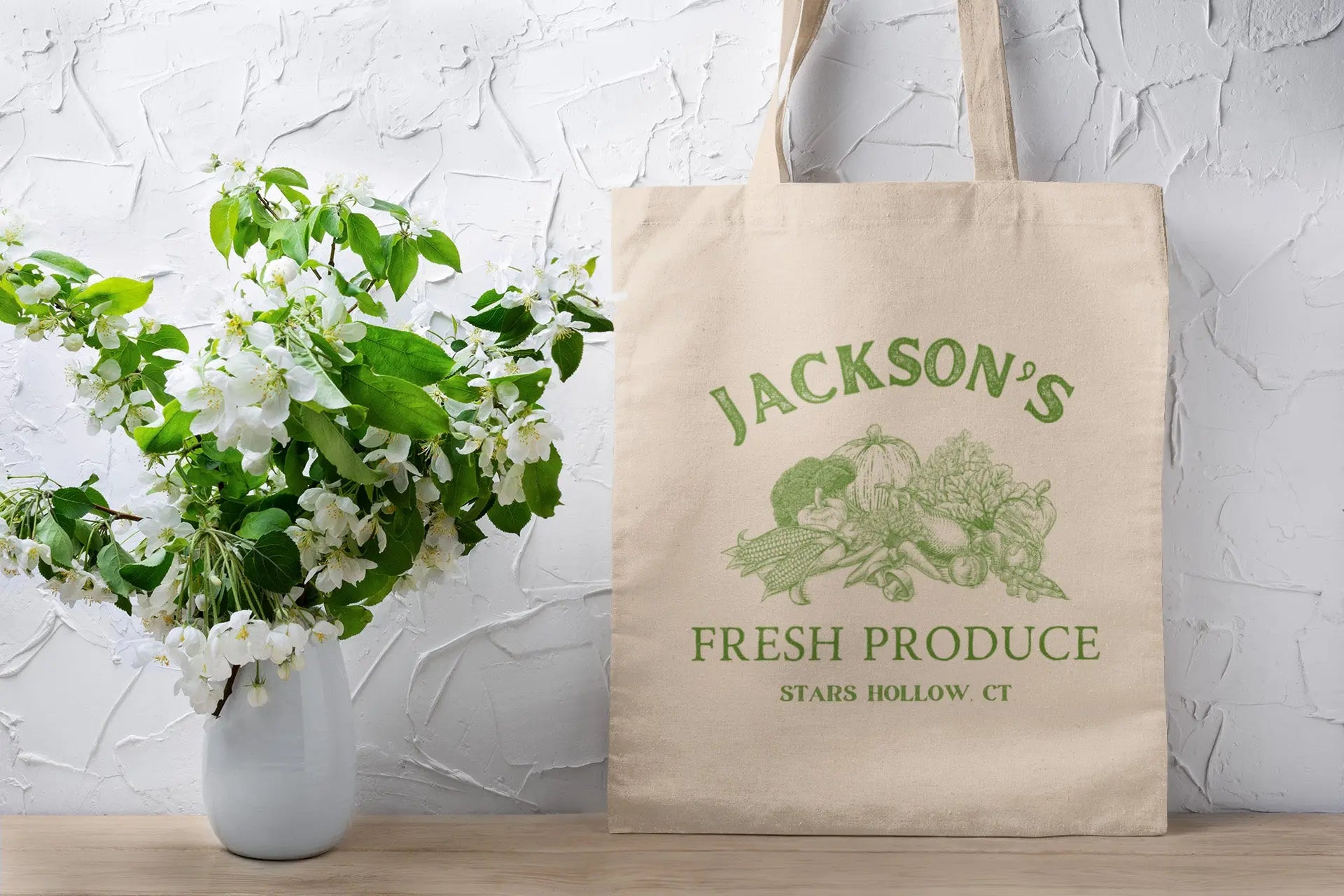 "Jackson's Fresh Produce" tote bag, cotton canvas, 2 colors, Stars Hollow Gilmore Girls merch.