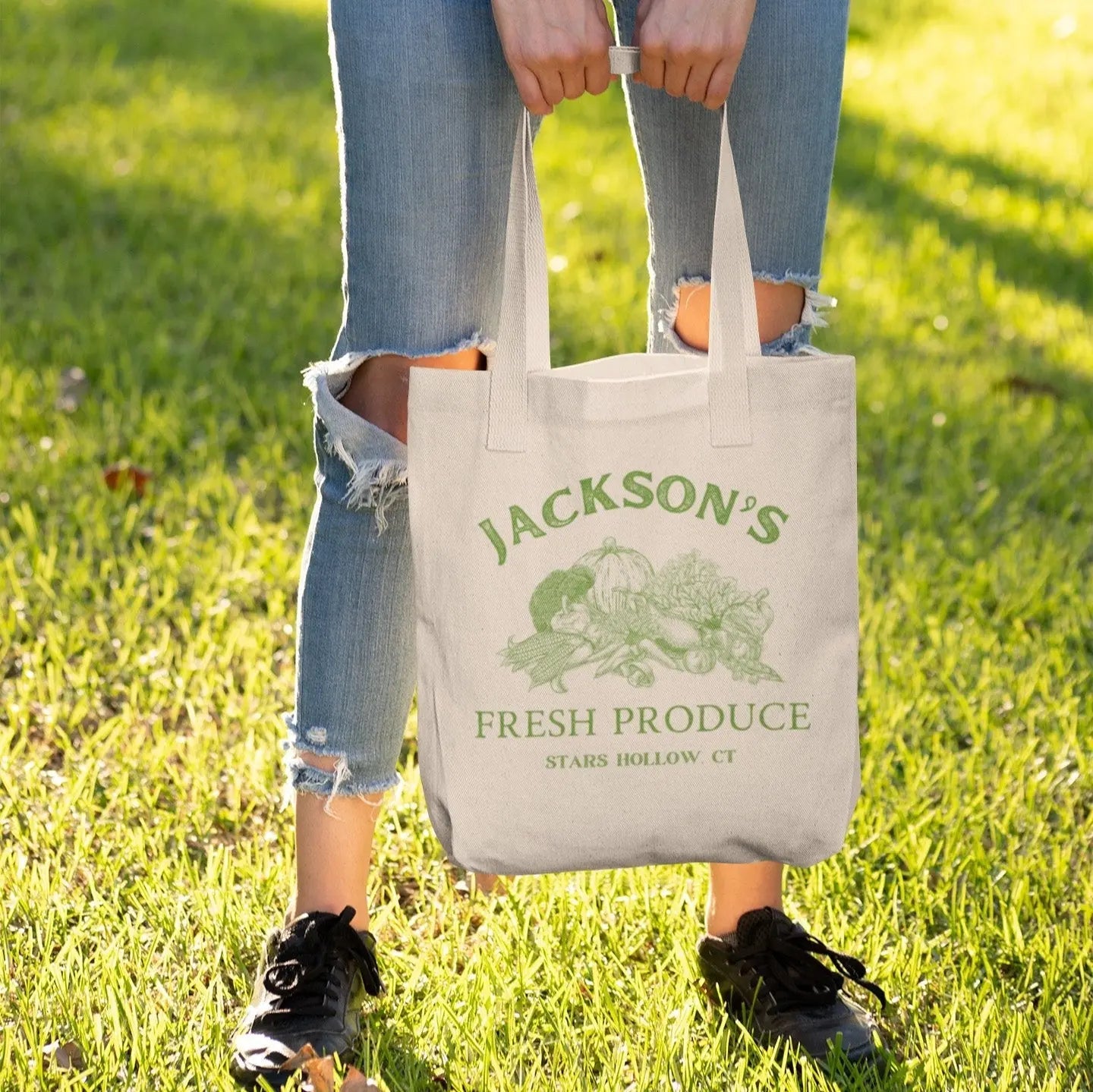 "Jackson's Fresh Produce" tote bag, cotton canvas, 2 colors, Stars Hollow Gilmore Girls merch.