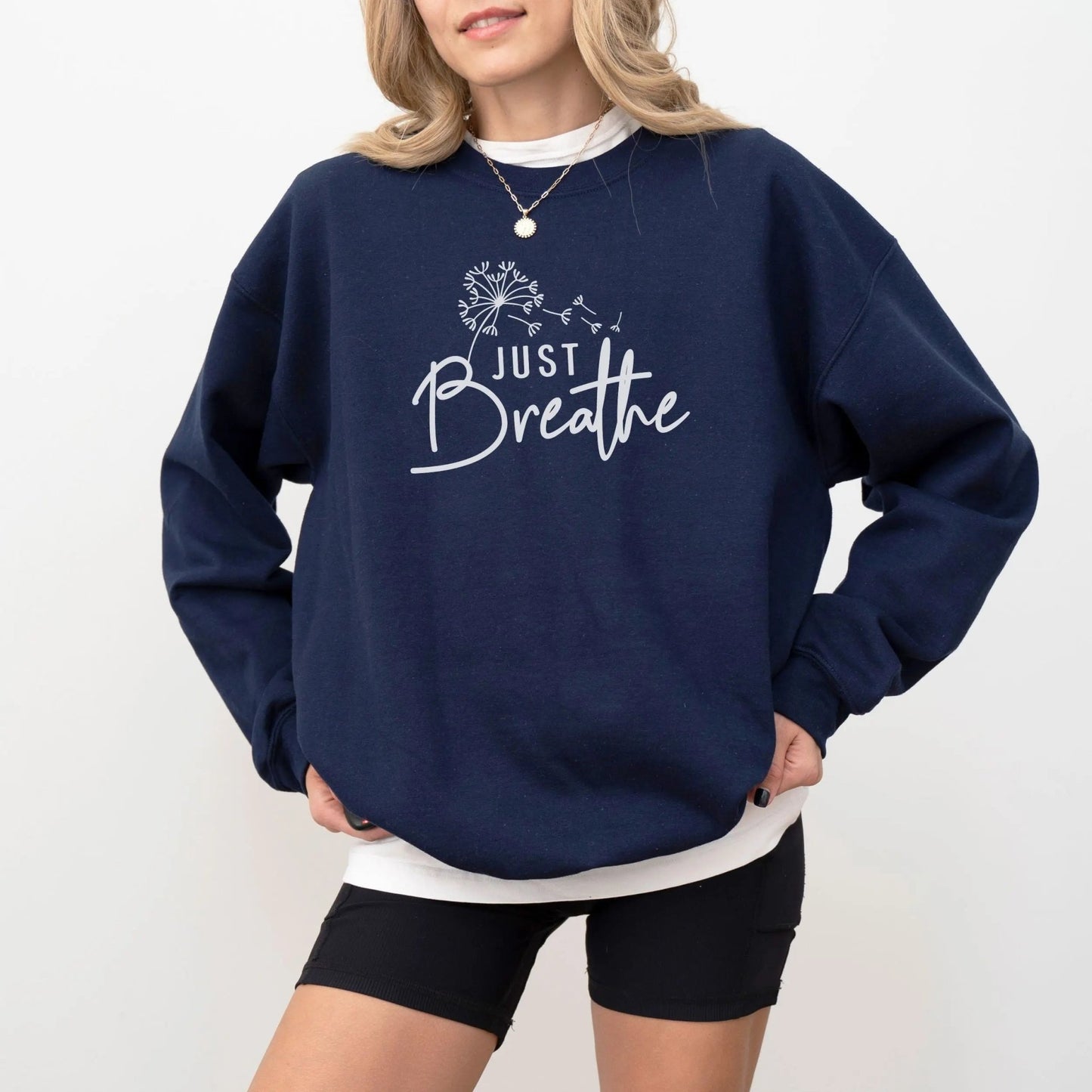 "Just Breathe" sweatshirt from That Cozy Vibe, perfect for mindfulness and wellness.