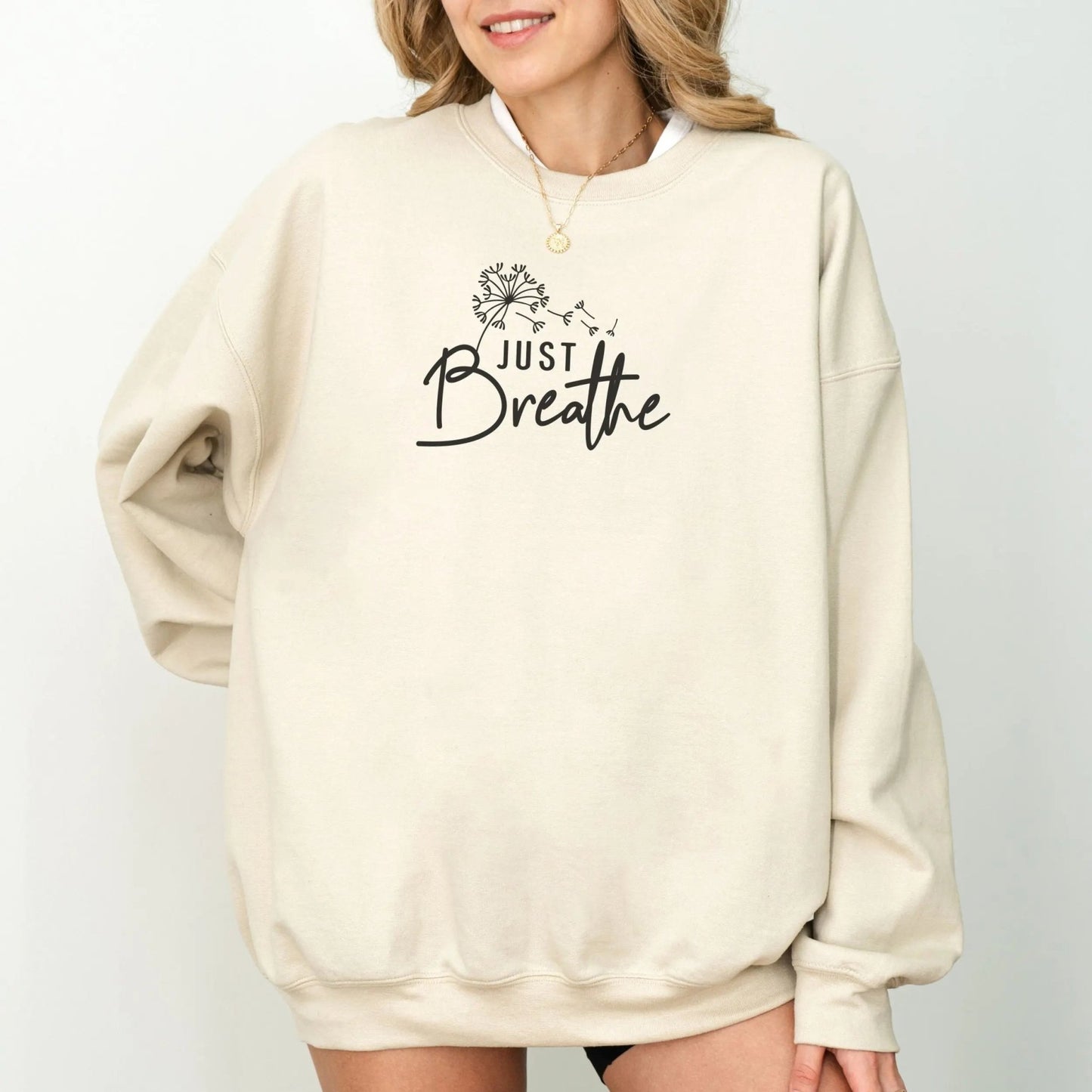 "Just Breathe" sweatshirt from That Cozy Vibe, perfect for mindfulness and wellness.