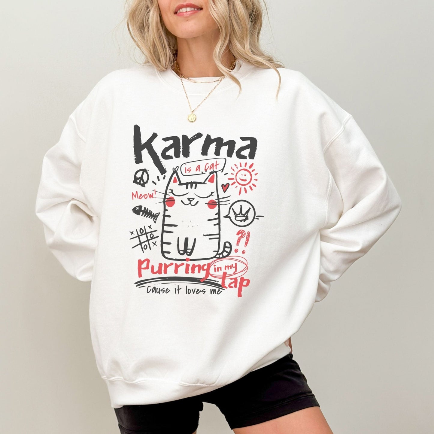 Karma is a Cat sweatshirt with doodle graphic, cozy cat-themed apparel, available in 4 colors.