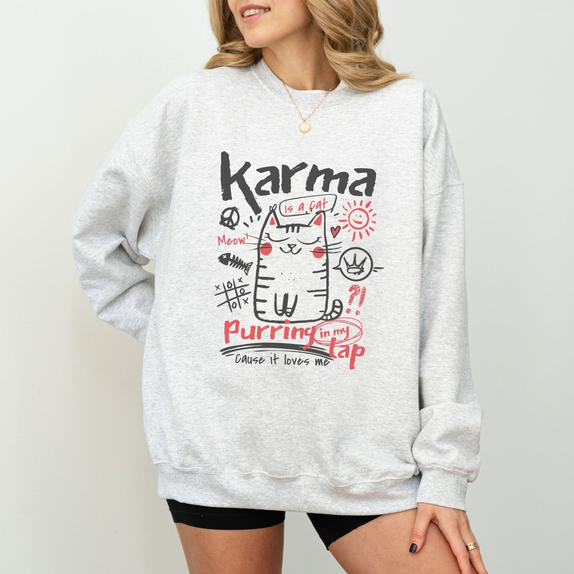 Karma is a Cat sweatshirt with doodle graphic, cozy cat-themed apparel, available in 4 colors.