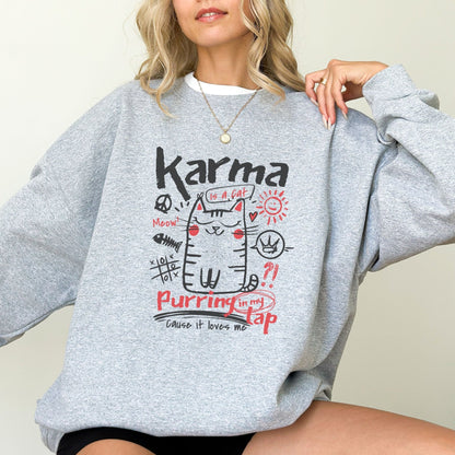 Karma is a Cat sweatshirt with doodle graphic, cozy cat-themed apparel, available in 4 colors.