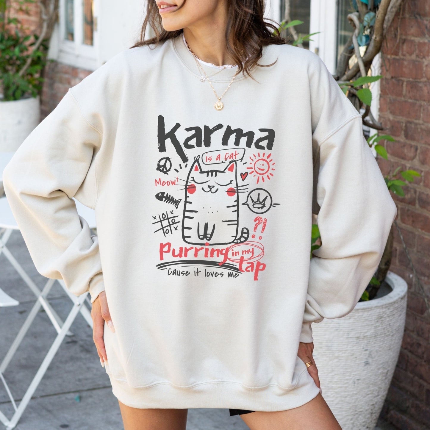 Karma is a Cat sweatshirt with doodle graphic, cozy cat-themed apparel, available in 4 colors.