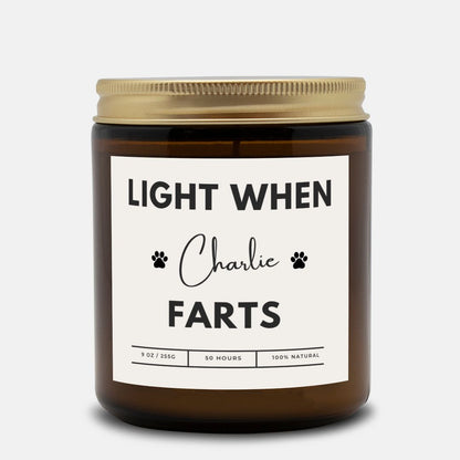 Personalized amber jar dog candle with custom text option, Light When [Name] Farts design.