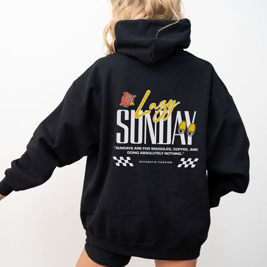 Lazy Sunday sweatshirt with cozy cartoon design.