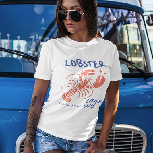 Colorful cartoon lobster with the phrase "Lobster Lover Club – Pinch Me, I'm In!" on a fun summer t-shirt for seafood and beach lovers.