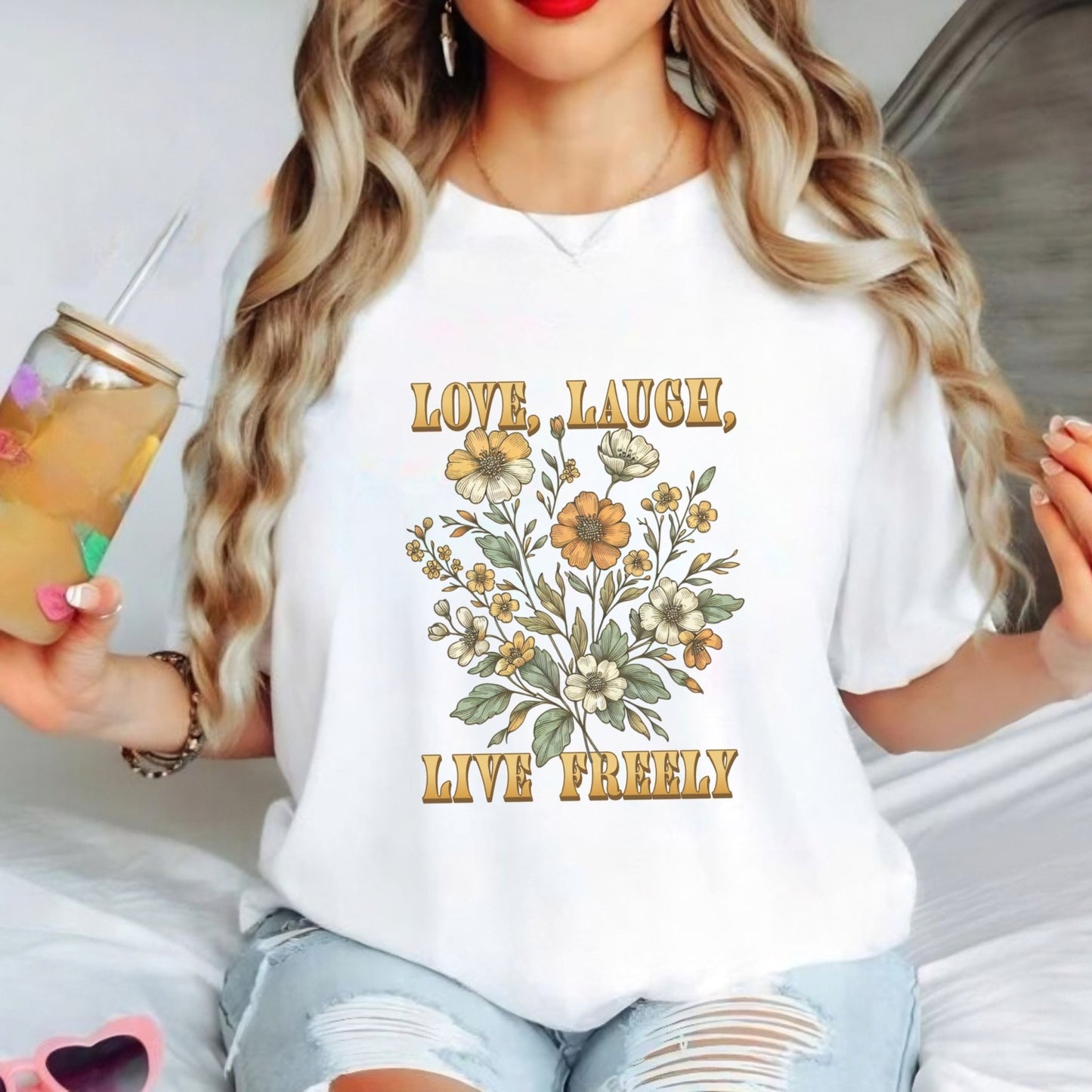 Boho floral shirt with inspirational quote "Love, Laugh, Live Freely" in a vintage floral design, available in 6 colors.