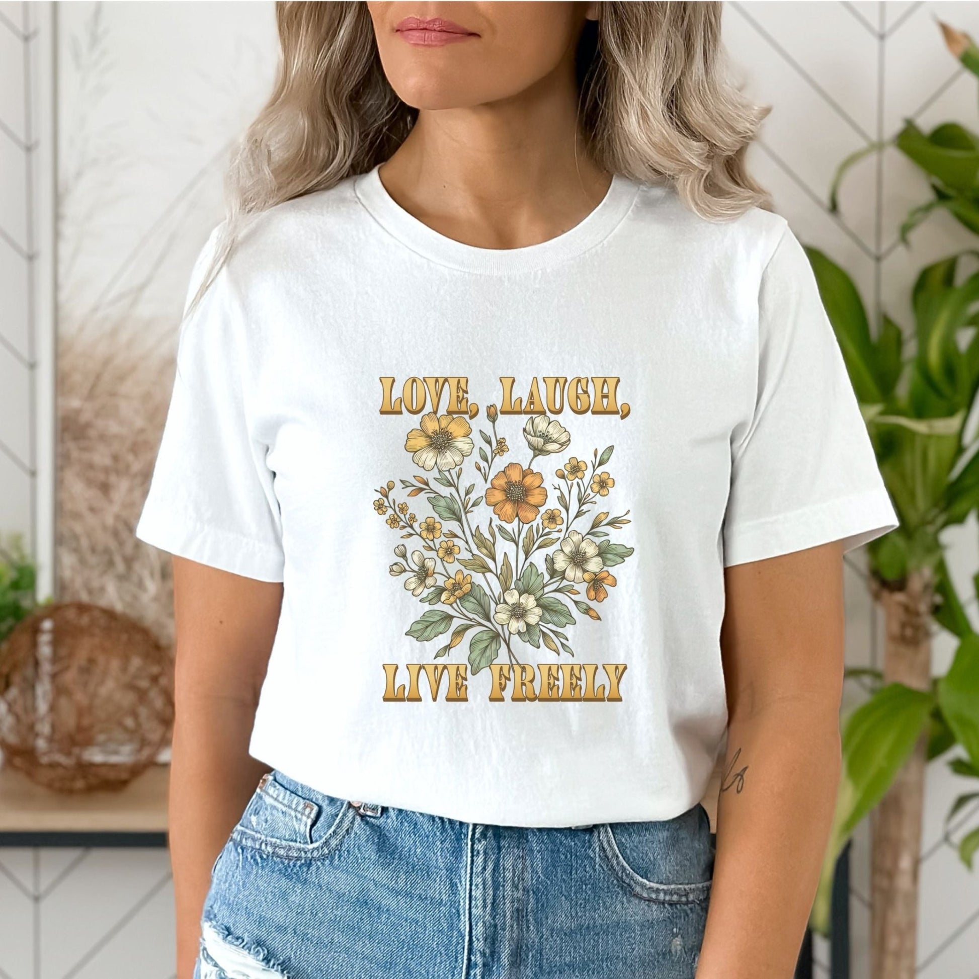 Boho floral shirt with inspirational quote "Love, Laugh, Live Freely" in a vintage floral design, available in 6 colors.