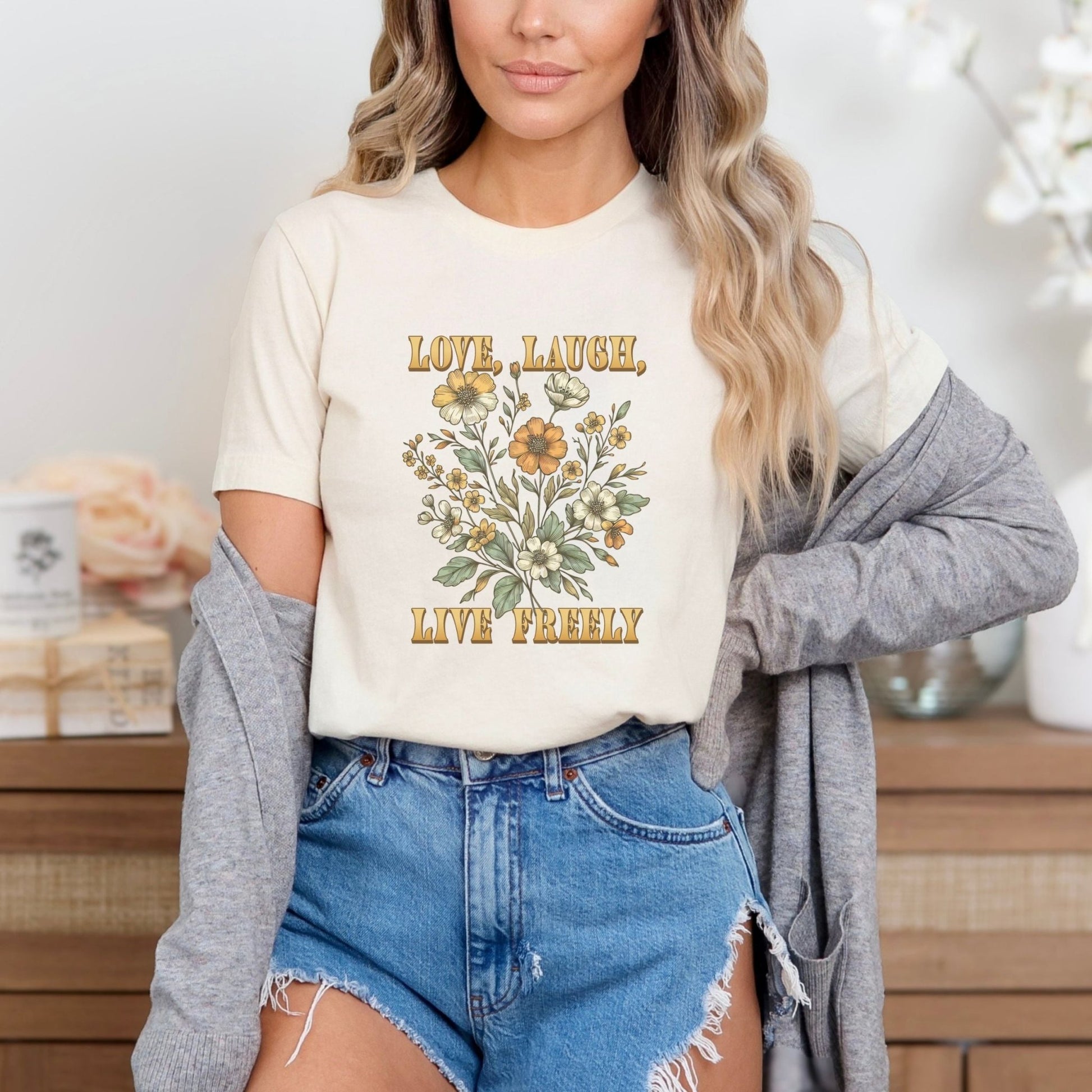 Boho floral shirt with inspirational quote "Love, Laugh, Live Freely" in a vintage floral design, available in 6 colors.