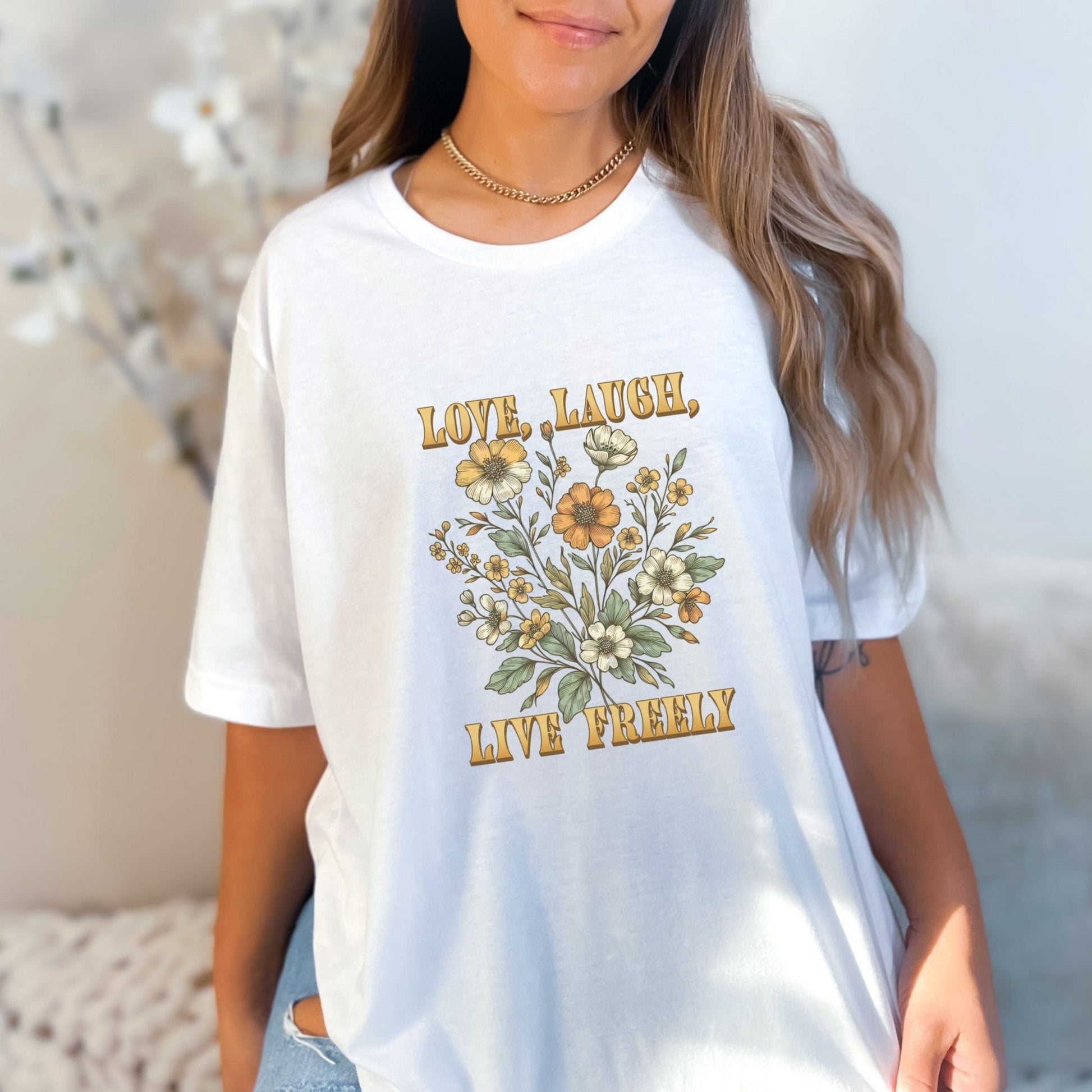 Boho floral shirt with inspirational quote "Love, Laugh, Live Freely" in a vintage floral design, available in 6 colors.