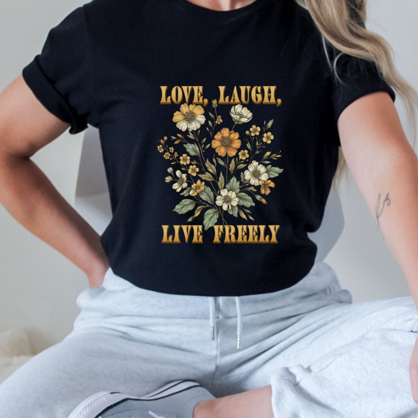 Boho floral shirt with inspirational quote "Love, Laugh, Live Freely" in a vintage floral design, available in 6 colors.