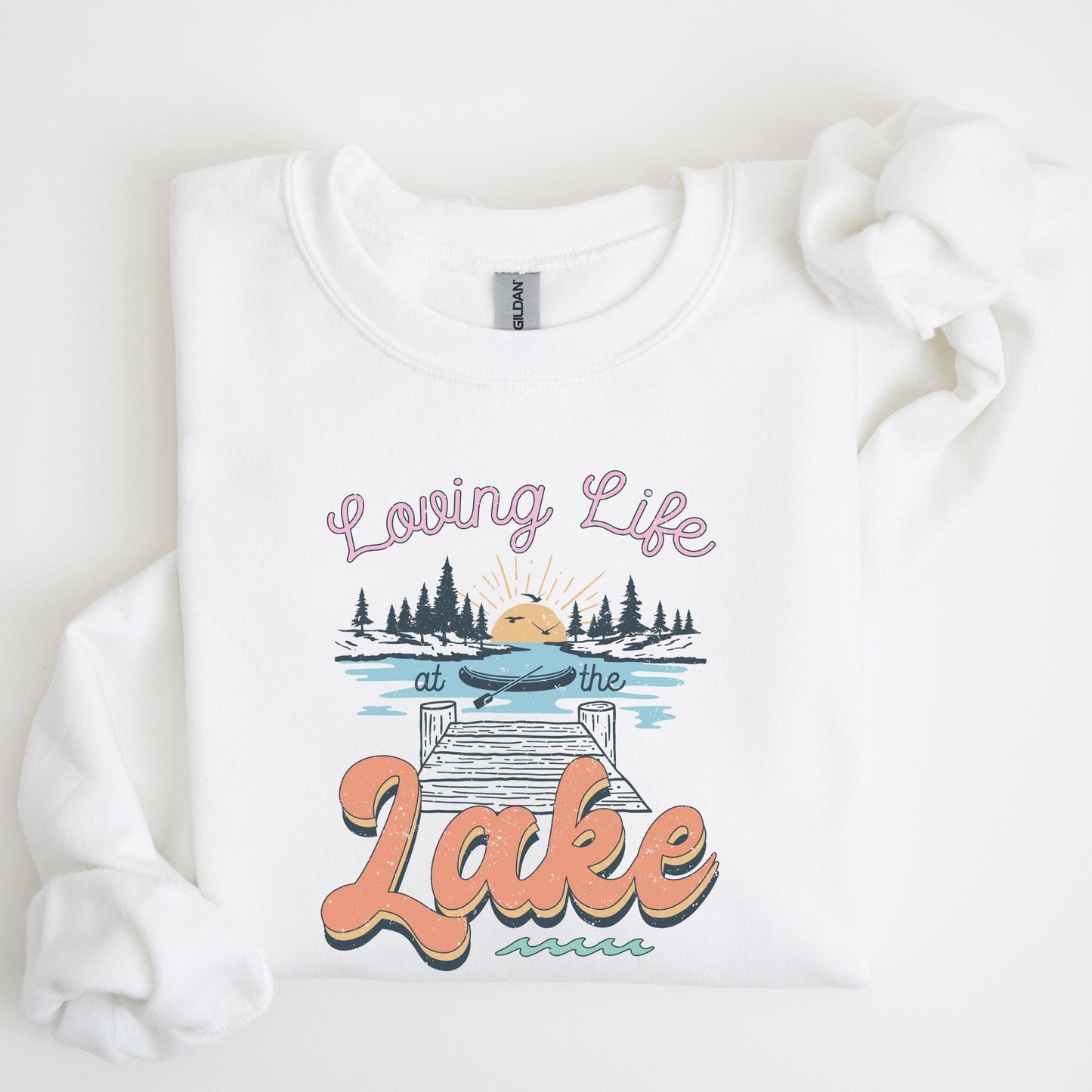Loving life at the lake sweatshirt with retro dock and sunset graphic