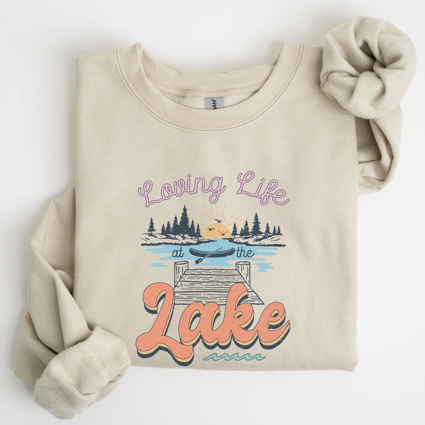 Loving life at the lake sweatshirt with retro dock and sunset graphic