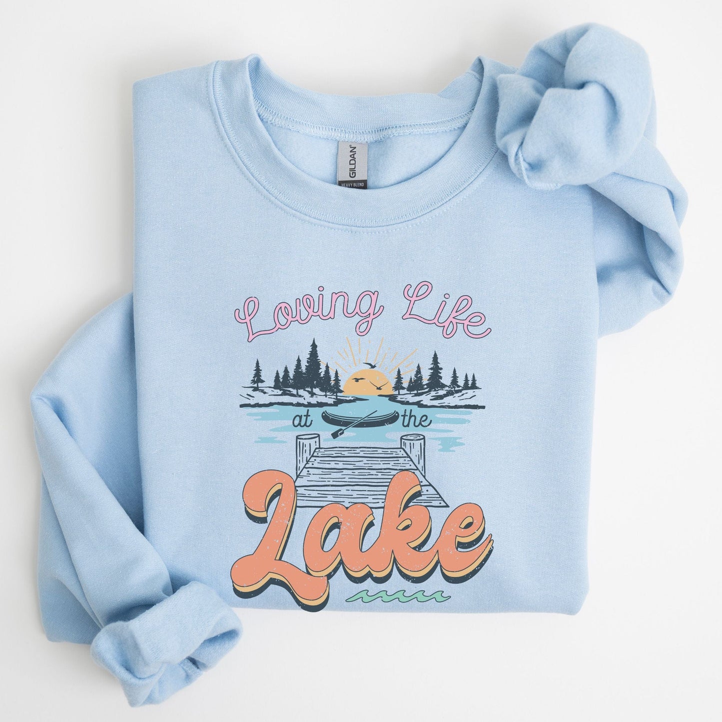 Loving life at the lake sweatshirt with retro dock and sunset graphic