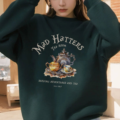 Mad Hatter's Tea Room sweatshirt, 50% cotton, 50% polyester, book lover gift, 9 colors.