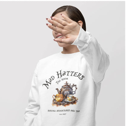 Mad Hatter's Tea Room sweatshirt, 50% cotton, 50% polyester, book lover gift, 9 colors.