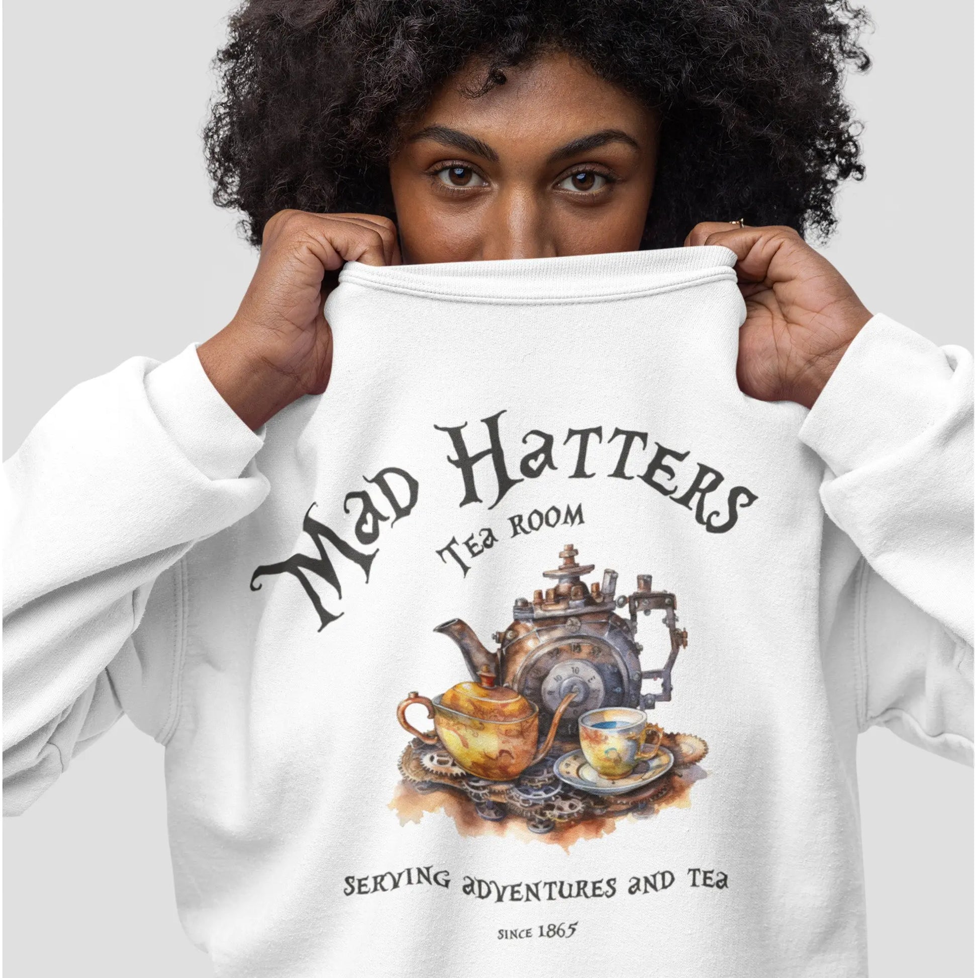 Mad Hatter's Tea Room sweatshirt, 50% cotton, 50% polyester, book lover gift, 9 colors.