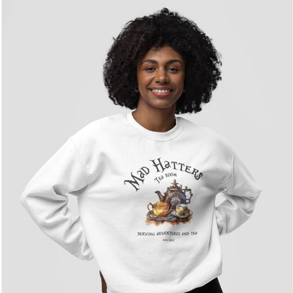 Mad Hatter's Tea Room sweatshirt, 50% cotton, 50% polyester, book lover gift, 9 colors.