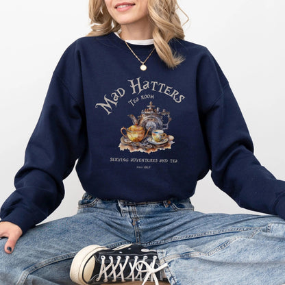 Mad Hatter's Tea Room sweatshirt, 50% cotton, 50% polyester, book lover gift, 9 colors.