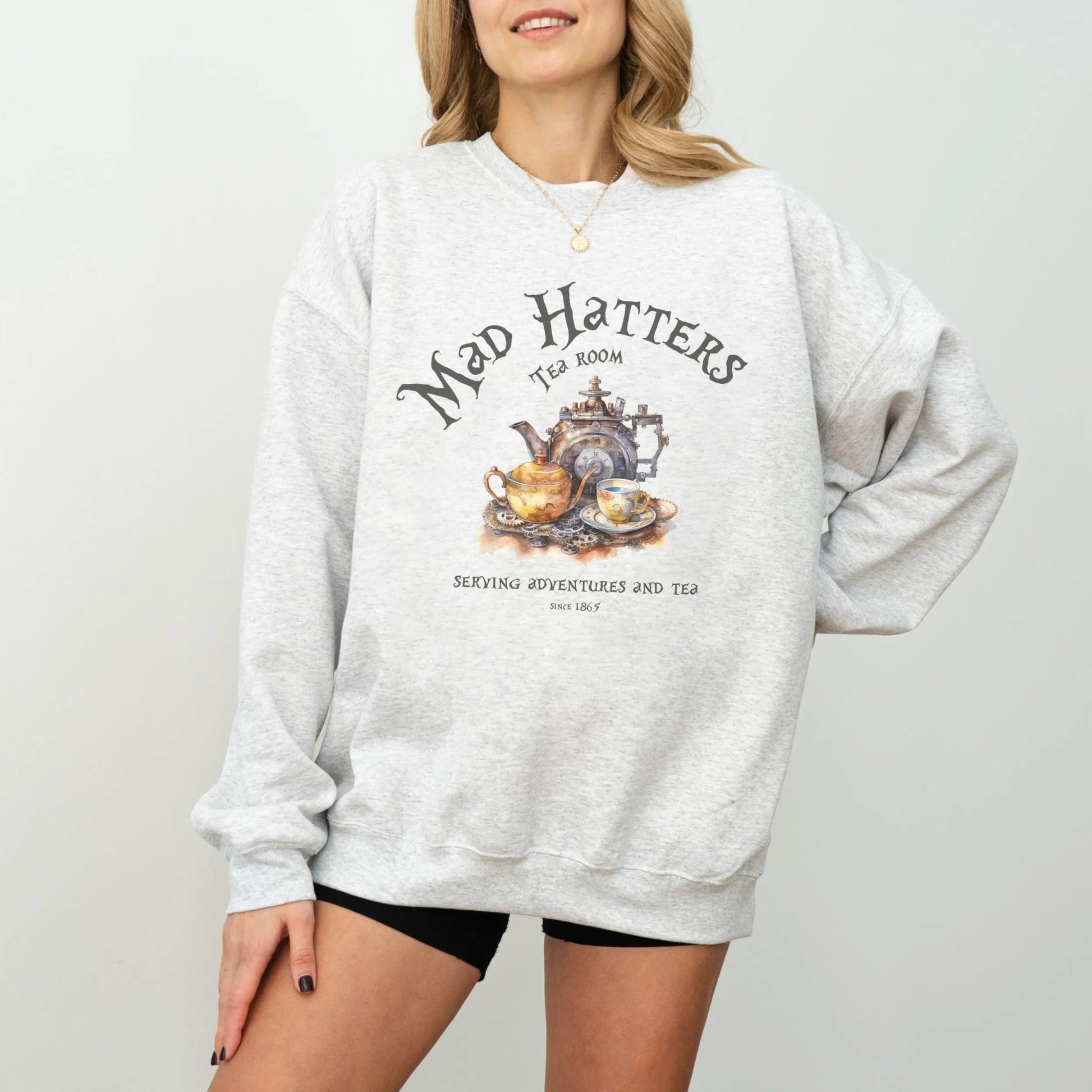 Mad Hatter's Tea Room sweatshirt, 50% cotton, 50% polyester, book lover gift, 9 colors.