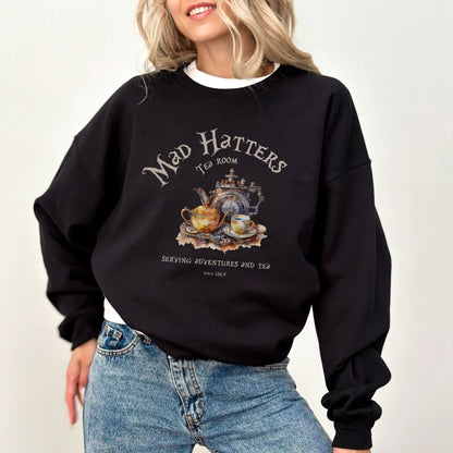 Mad Hatter's Tea Room sweatshirt, 50% cotton, 50% polyester, book lover gift, 9 colors.