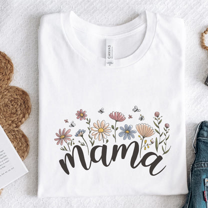 Boho floral design with the word "Mama" in elegant script, featured on a unisex t-shirt