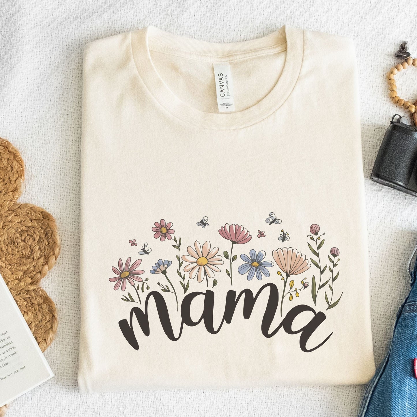 Boho floral design with the word "Mama" in elegant script, featured on a unisex t-shirt
