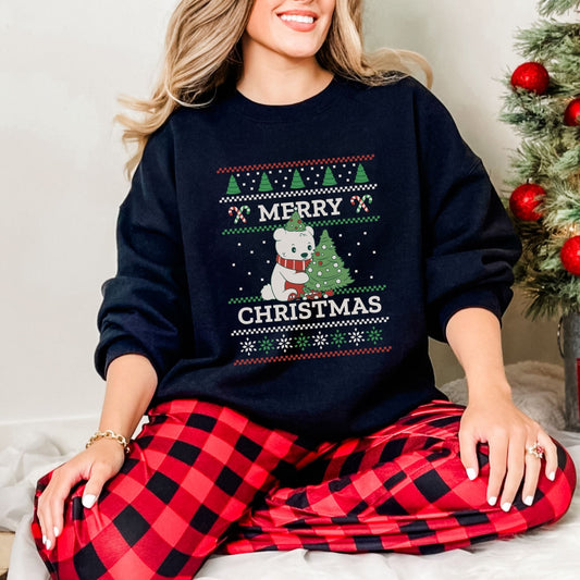 Cute polar bear Christmas sweatshirt with Christmas tree design, available in 5 colors.