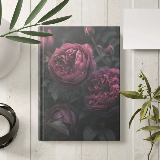 Moody Rose notebook with dark aesthetic, gothic botanical design, perfect for journaling.