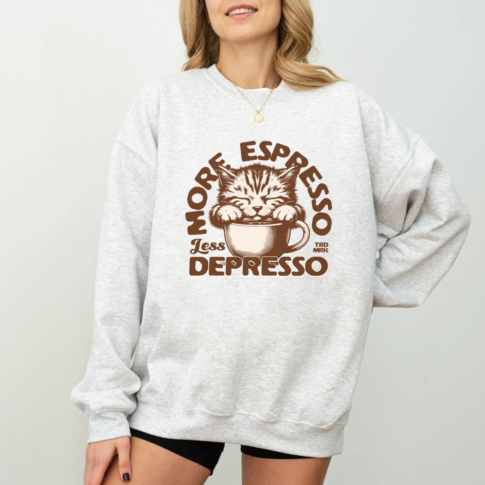 Cute cat coffee sweatshirt with "More Espresso, Less Depresso" design.