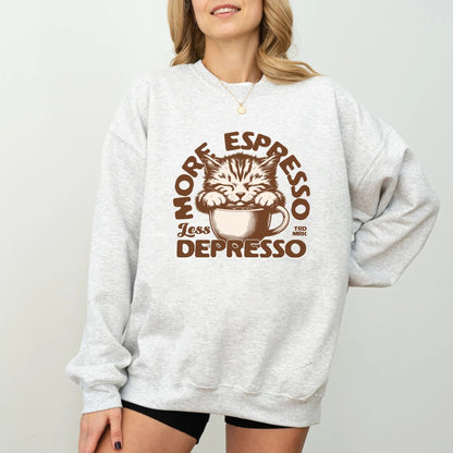 Cute cat coffee sweatshirt with "More Espresso, Less Depresso" design.