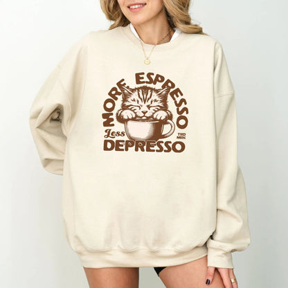 Cute cat coffee sweatshirt with "More Espresso, Less Depresso" design.