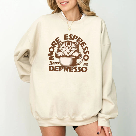 Cute cat coffee sweatshirt with "More Espresso, Less Depresso" design.