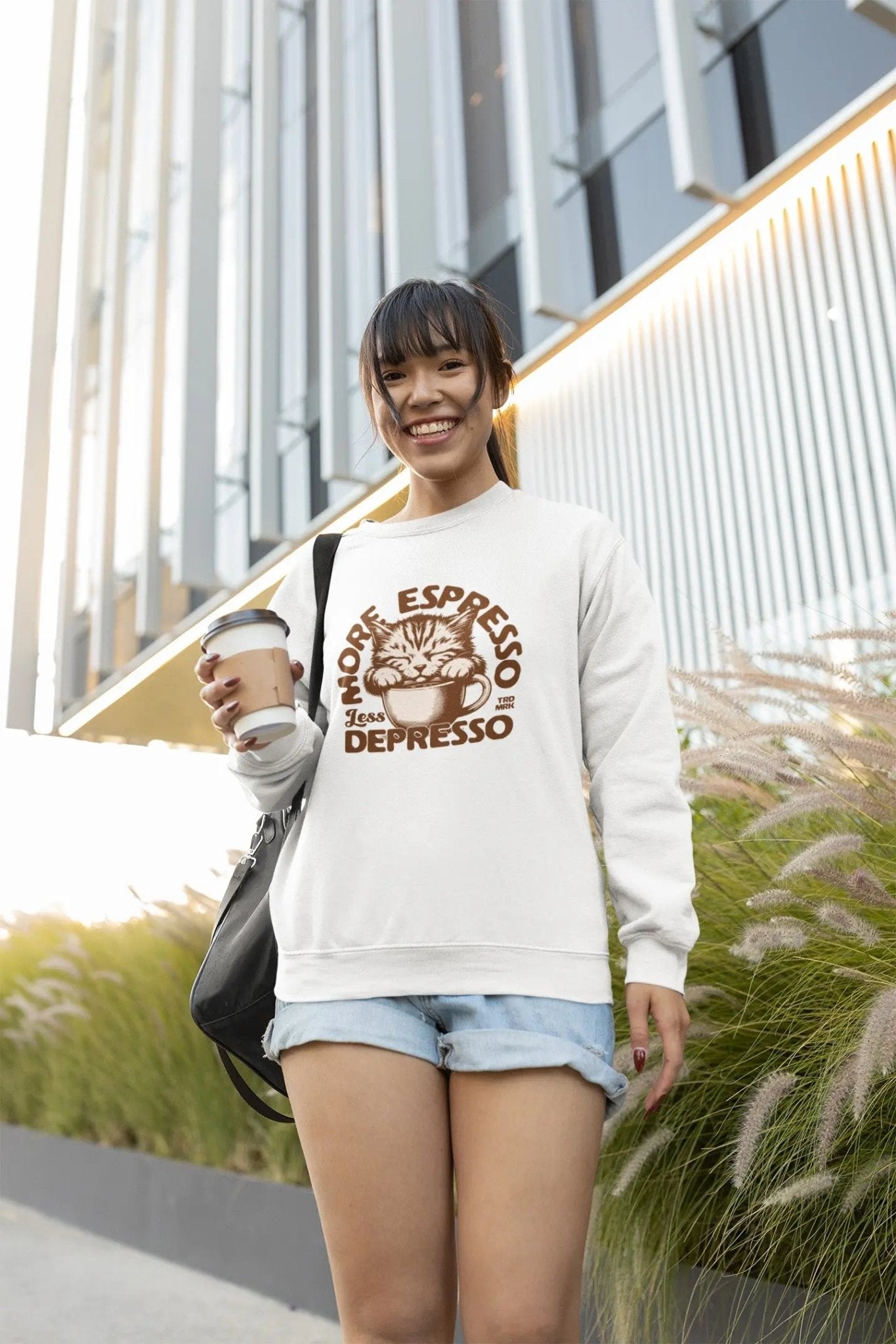 Cute cat coffee sweatshirt with "More Espresso, Less Depresso" design.