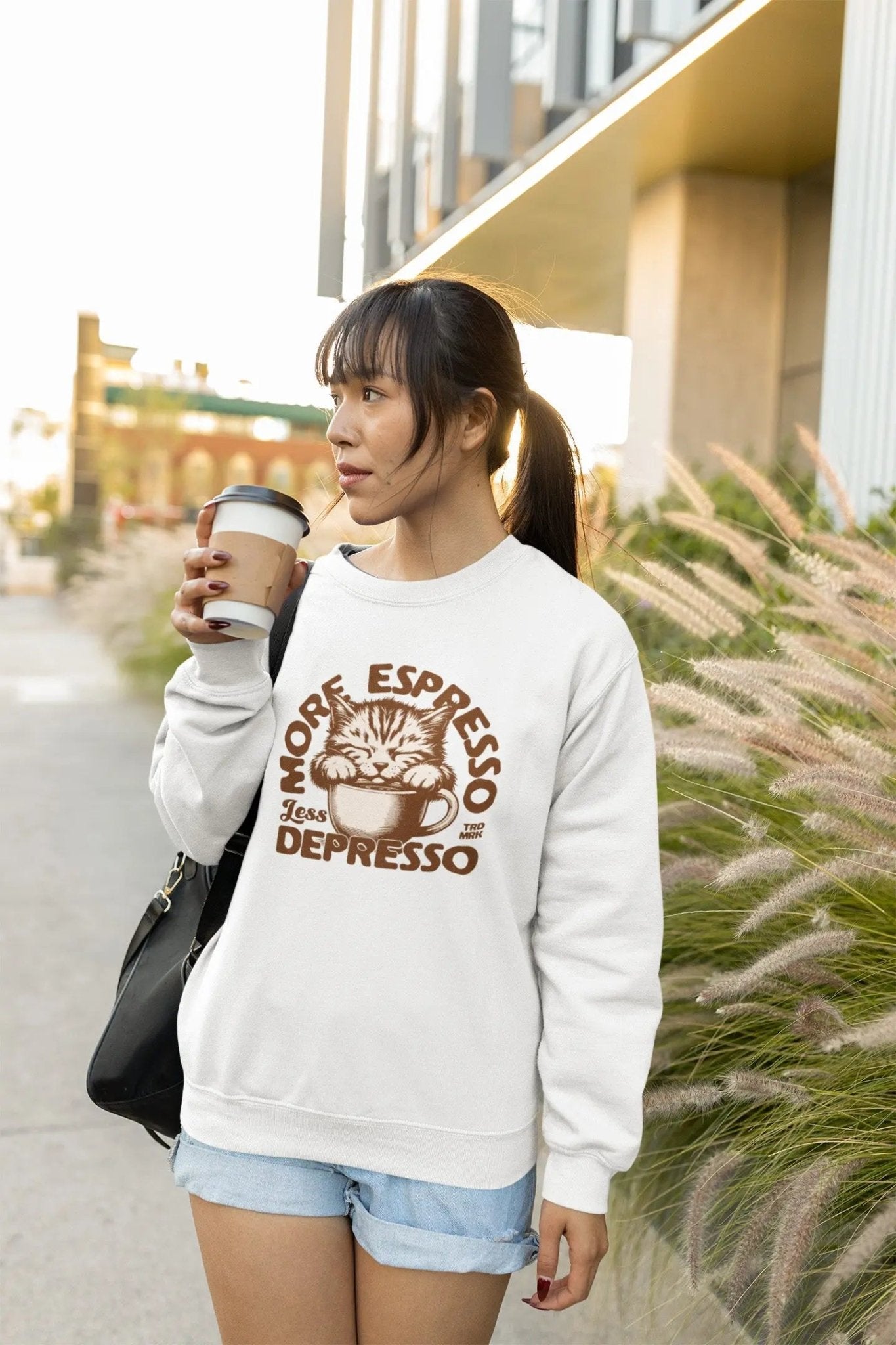 Cute cat coffee sweatshirt with "More Espresso, Less Depresso" design.